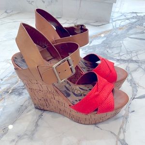 Sam Edelman ‘Sasha’ Sz 7.5 Wedge Sandal Tans • Coral • Salmon • Wood
